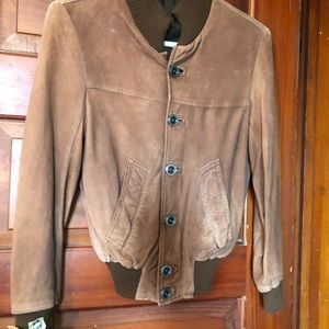 Suede button jacket, ribbed knit cuff, waist, neck purchased in Dublin early 80s